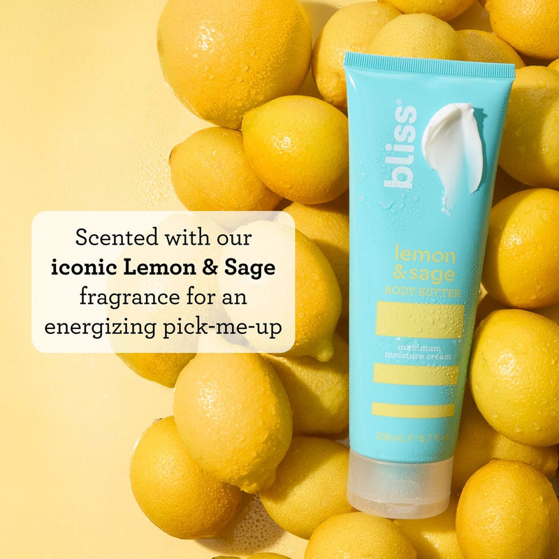 Bliss Lemon & Sage Moisturizing Body Butter is scented with our iconic Lemon & Sage fragrance for an energizing pick-me-up