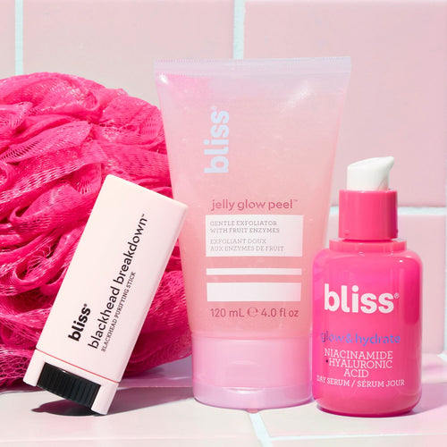 Bliss Jelly Glow Gentle Exfoliator Peel lifestyle image with Blackhead Breakdown and Glow & Hydrate Serum