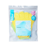 Bliss Go Scrubs Face + Body Exfoliating Gloves in Yellow/Green/Blue in packaging