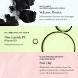 Bliss Blackhead Banish Kit key ingredients include Volcanic Pumice in the Micro Magic Microdermabrasion Scrub, Niacinamide PC (vitamin b3) in the Disappearing Act Toner, and Pink Clay in the Blackhead Breakdown Purifying Stick