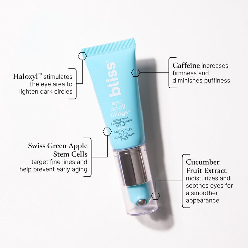 Bliss Dark Circle Combating Kit Eye Do All Things key ingredients include Haloxyl, Swiss Green Apple Stem Cells, Caffeine, Cucumber Fruit Extract